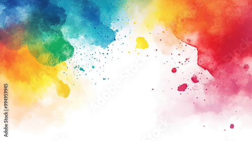 Watercolor background with colorful splashes, white space in the center of the canvas