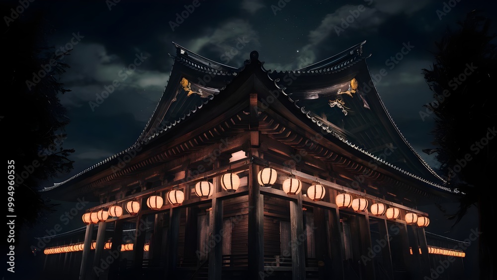 Japanese Temple Illuminated by Lantern Light at Night Japanese Temple Illuminated by Lantern Light at Night