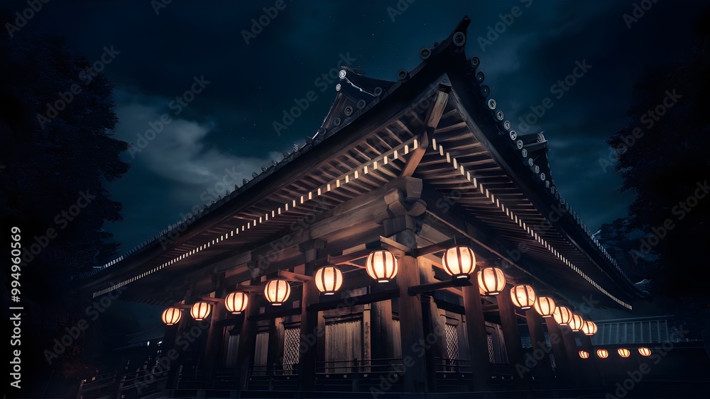 Japanese Temple Illuminated by Lantern Light at Night Japanese Temple Illuminated by Lantern Light at Night