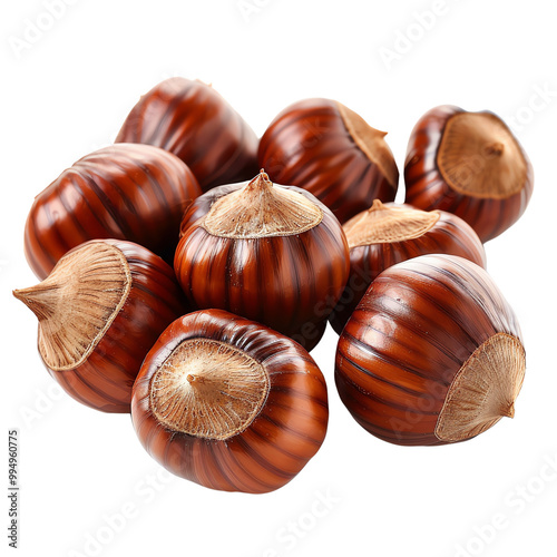 Close-up image of a group of shiny, fresh chestnuts with striped brown shells, perfect for food, nature, and seasonal autumn themes.