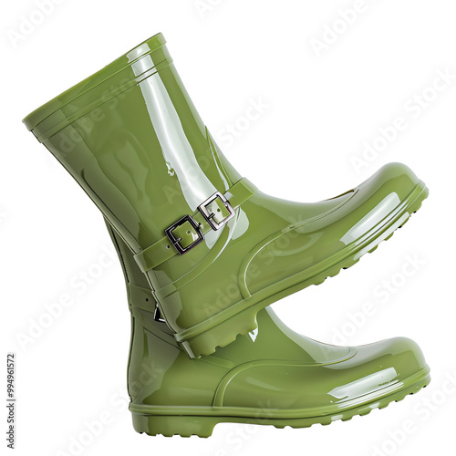 Green rain boots stacked on top of each other. Perfect for outdoor activities, gardening, and rainy weather.
