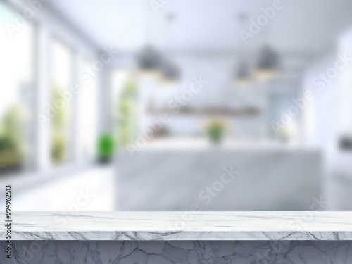 Marble table top with kitchen blurry loose focal background. Close up photo of contemporary kitchen