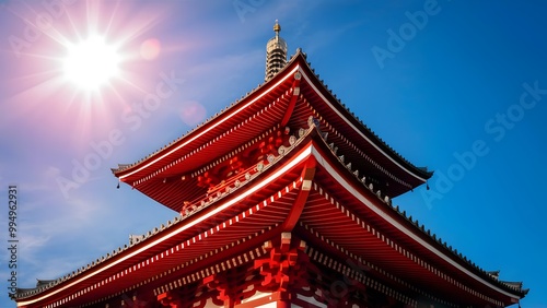 Bright Sunny Day Close-Up of Japanese Temple Pagoda