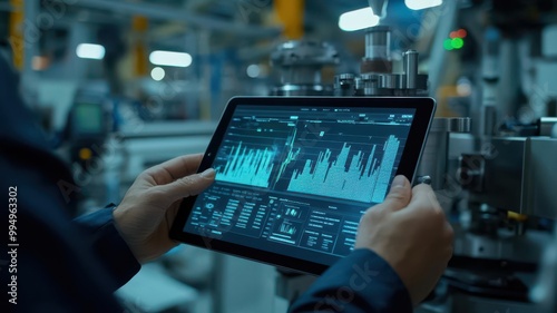 Technician monitoring real-time control charts on a tablet, adjusting machine settings for quality control photo