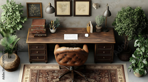 Home Office Design Inspiration: A Rustic Desk with Leather Chair and Greenery photo