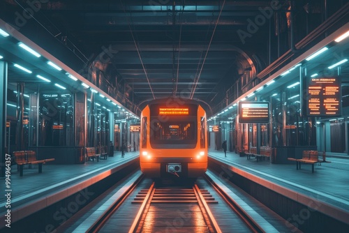 Modern electric trains speeding through vibrant urban cityscape. photo