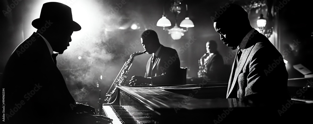 Side view of a 1920s jazz club, musicians playing under dim lights ...