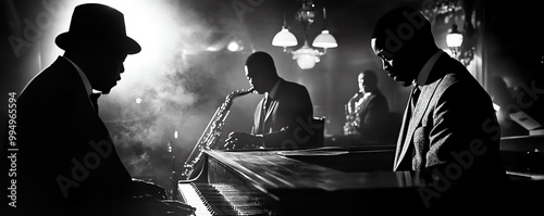 Side view of a 1920s jazz club, musicians playing under dim lights, rich textures in black and white photography art photo