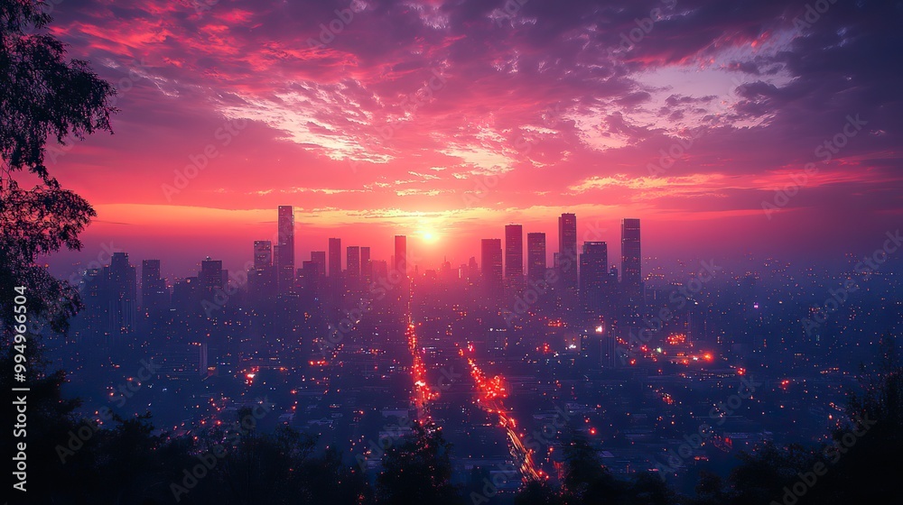 The city skyline is illuminated by the soft glow of the sunrise. The city skyline is illuminated by the soft glow of the sunrise.
