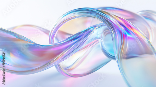 3D render of an abstract background featuring an iridescent glass ribbon in motion against a white backdrop, showcasing close-up holographic colors.