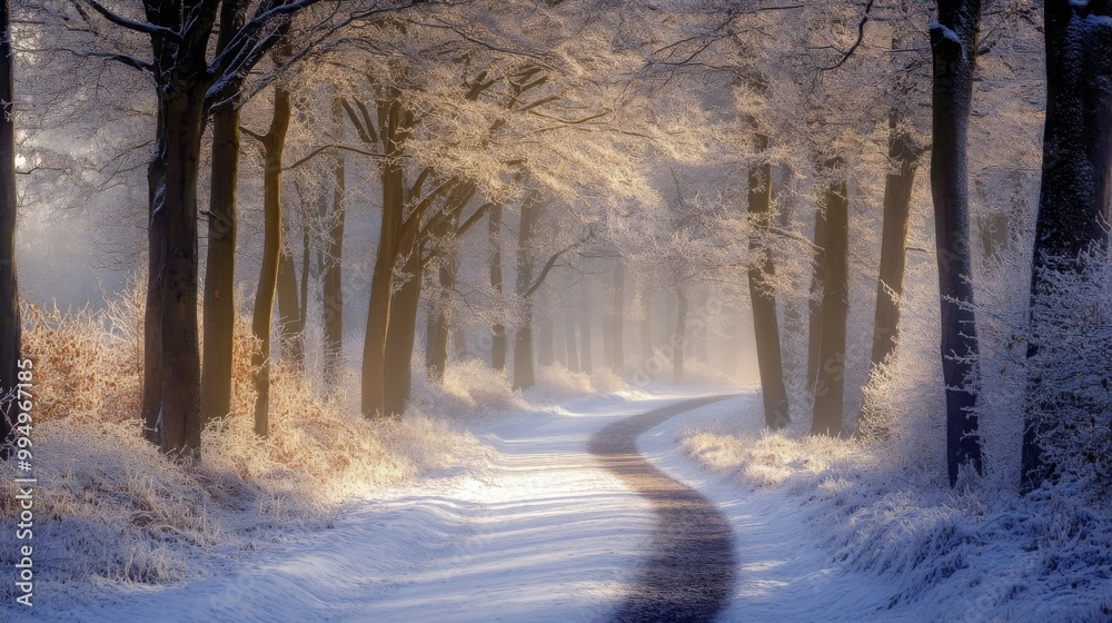 Naklejka premium A Winding Path Through a Snowy Forest with Golden Light