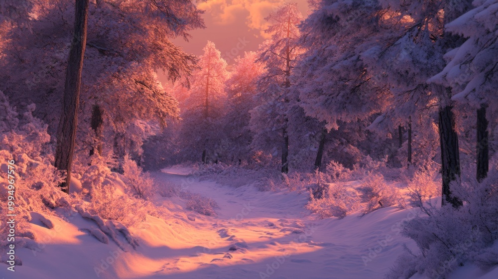 Naklejka premium Snow-Covered Forest Path at Sunset