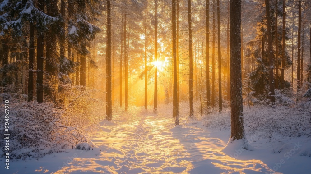 Golden Sunlight Illuminating a Snowy Forest Path Golden Sunlight Illuminating a Snowy Forest Path