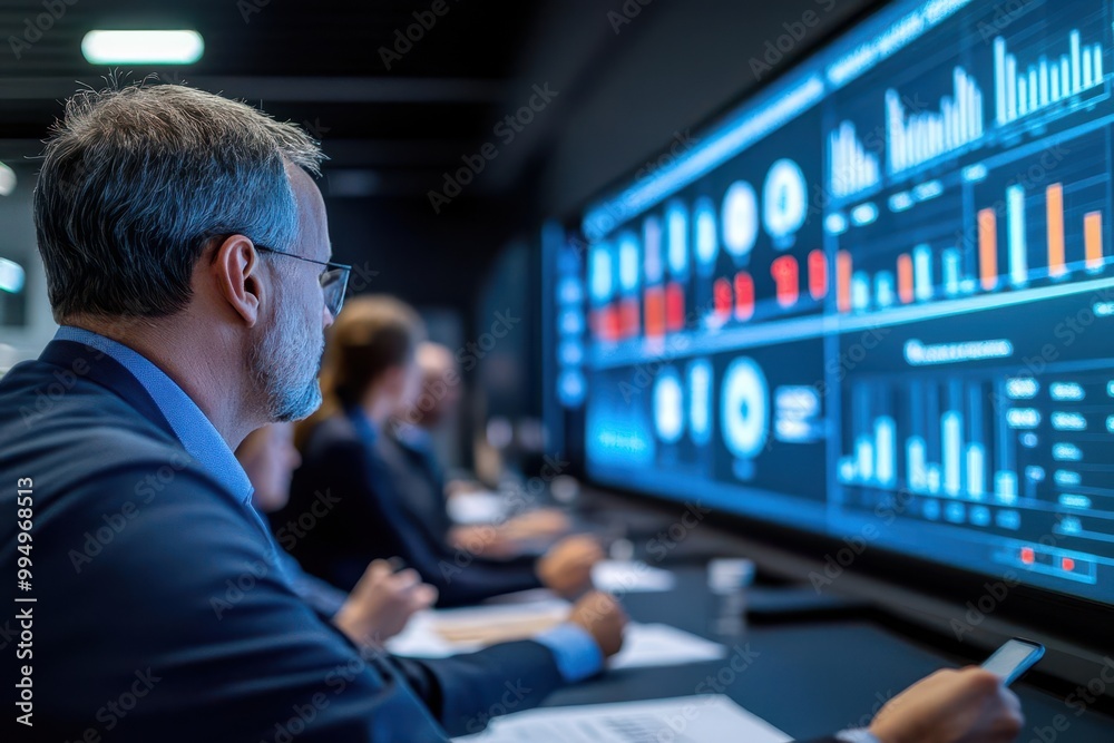 Healthcare logistics team in a boardroom reviewing supply chain performance, data displayed on a large screen Healthcare logistics team in a boardroom reviewing supply chain performance, data displayed on a large screen