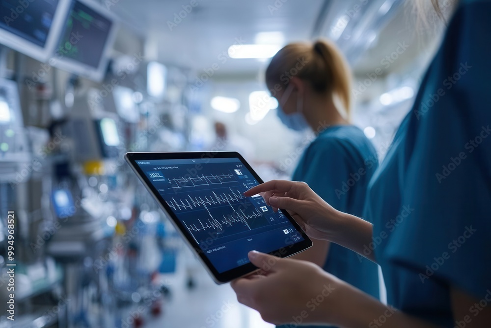 Hospital staff tracking real-time medical inventory on a tablet, surrounded by healthcare equipment Hospital staff tracking real-time medical inventory on a tablet, surrounded by healthcare equipment