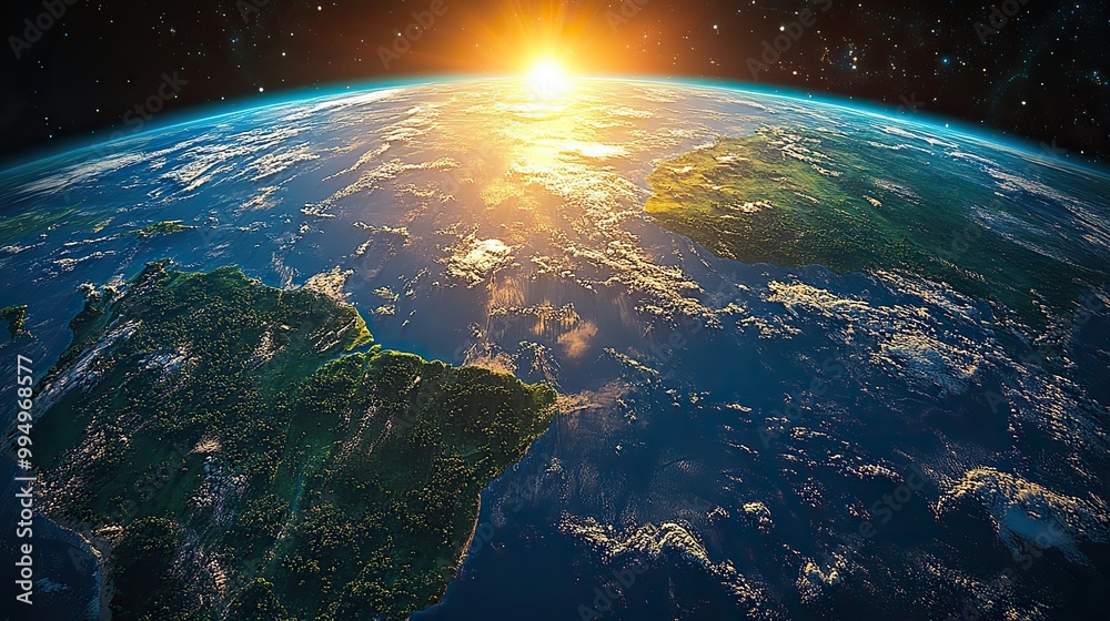 Fototapeta premium The sun highlights South America, focusing on the Amazon rainforest and Brazil in a detailed 3D view of Earth.