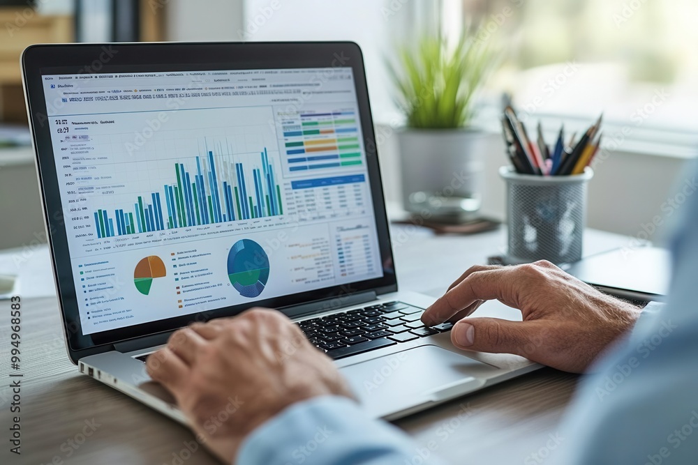 Logistics manager reviewing supply chain analytics in a healthcare office, laptop screen showing detailed charts Logistics manager reviewing supply chain analytics in a healthcare office, laptop screen showing detailed charts