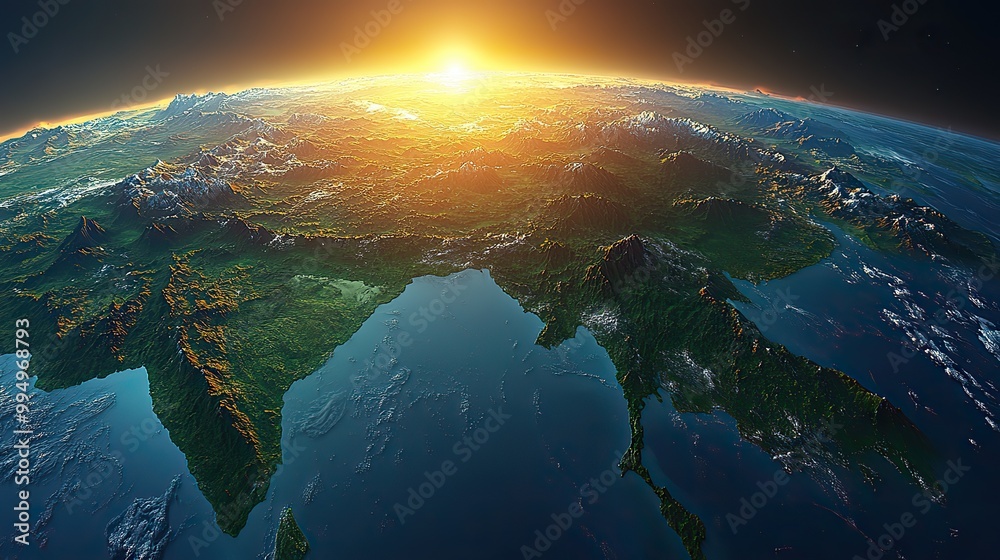 Fototapeta premium The sun illuminates East Asia from space, with a physical map highlighting the Himalayas, India, and China.