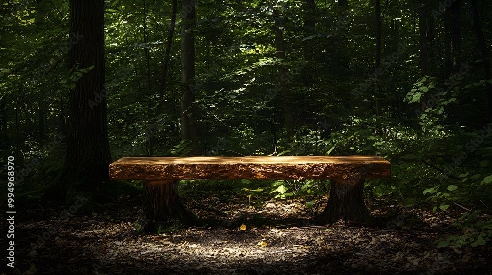 A simple wooden bench carved from a single log, sitting quietly in a dense forest. The wood has a natural finish A simple wooden bench carved from a single log, sitting quietly in a dense forest. The wood has a natural finish