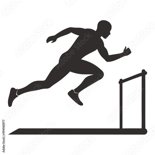 Male athlete running hurdles in athletics race, black silhouette vector art illustration	