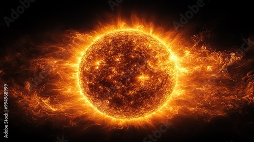 The sun isolated on a black background radiates a powerful glow, creating a cosmic sunburst effect with flares.