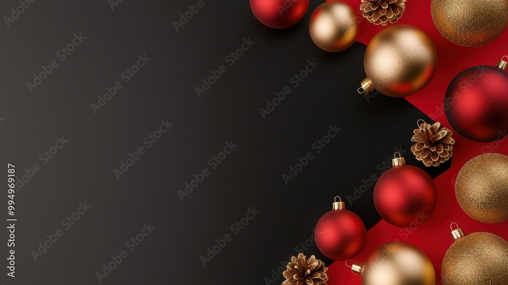 Festive holiday ornaments in red and gold, accented by pine cones, creating a joyful Christmas atmosphere against a dark background.
