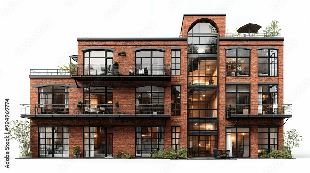 Modern Brick Building with Large Windows and Balconies Modern Brick Building with Large Windows and Balconies