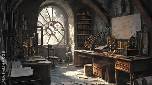 Renaissance-era inventor's workshop cluttered with antique gadgets, half-finished machines, and sketches of innovative designs on wooden desks and stone walls. Sfumato. Illustration photo