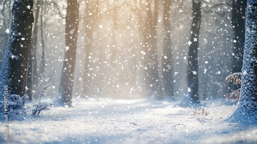 Snow-Covered Forest Floor with Falling Snow and Sunbeams