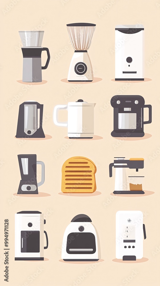 A collection of kitchen appliances including a coffee maker, blender, toaster, kettle, and more in a flat design style. A collection of kitchen appliances including a coffee maker, blender, toaster, kettle, and more in a flat design style.