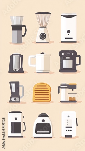 A collection of kitchen appliances including a coffee maker, blender, toaster, kettle, and more in a flat design style.