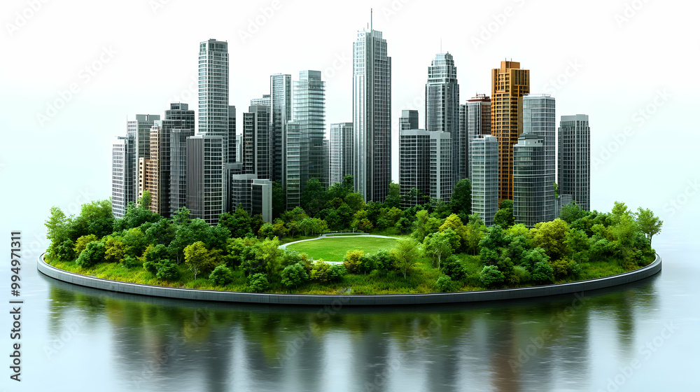 Urban Oasis: Cityscape Surrounded by Lush Greenery and Water Urban Oasis: Cityscape Surrounded by Lush Greenery and Water