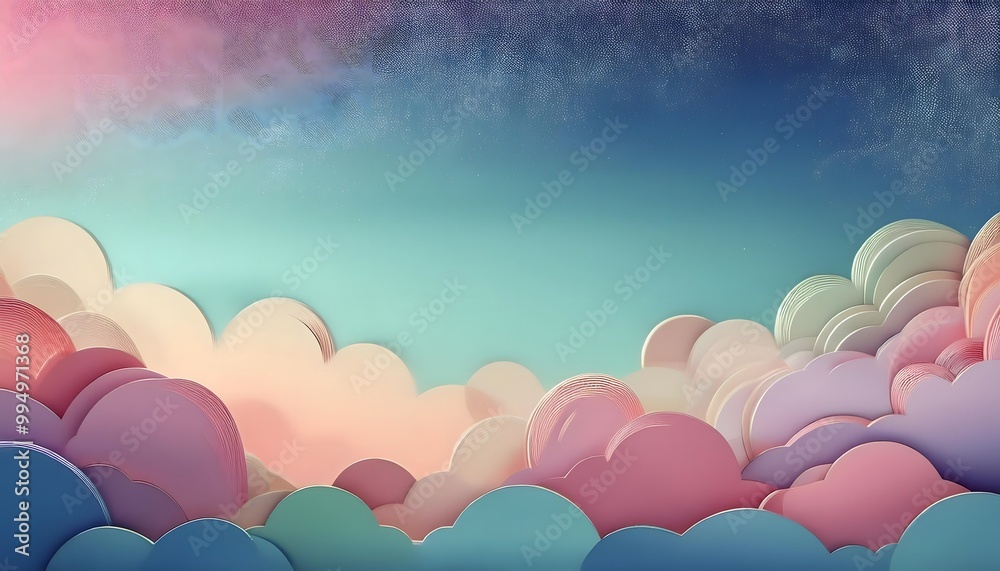 The sky background is filled with pastel fluffy clouds in a paper layer format.
