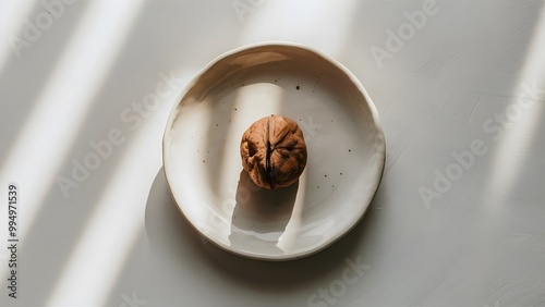 Minimalist overhead shot of a single walnut on a white ceramic plate