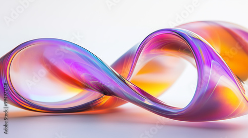 Close-up of a glossy, rainbow-holographic sculpture shaped like intertwined ribbons on a white background, illuminated with bright light to highlight details.