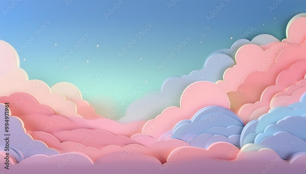 The sky background is filled with pastel fluffy clouds in a paper layer format. The sky background is filled with pastel fluffy clouds in a paper layer format.