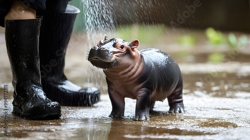 Pygmy Hippopotamus being showered by a zookeeper at open zoo.