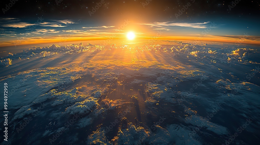 The sunrise pierces through clouds in a detailed satellite view of Earth, highlighting South America's Amazon Rainforest and Brazil.