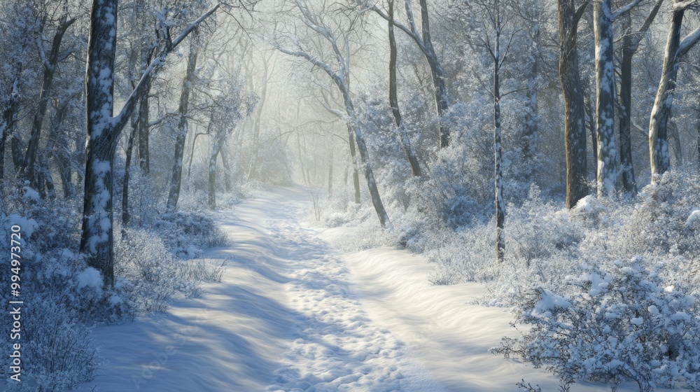 Snow-Covered Path Through a Foggy Winter Forest Snow-Covered Path Through a Foggy Winter Forest