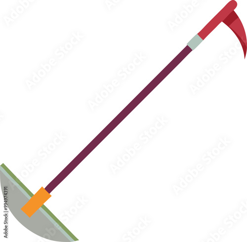 A vector graphic of a garden hoe with a flat blade and a long handle