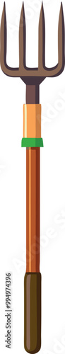 A detailed vector illustration of a garden fork with a wooden handle and metal tines