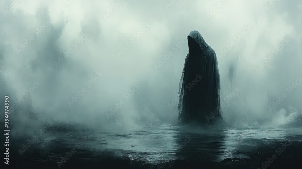 A shadowy figure stands in a misty landscape, evoking mystery. A shadowy figure stands in a misty landscape, evoking mystery.