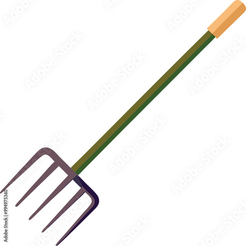 A vector illustration of a garden rake with metal tines and a long handle