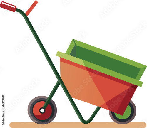 A vector image of a garden cart with two wheels and a handle for pulling