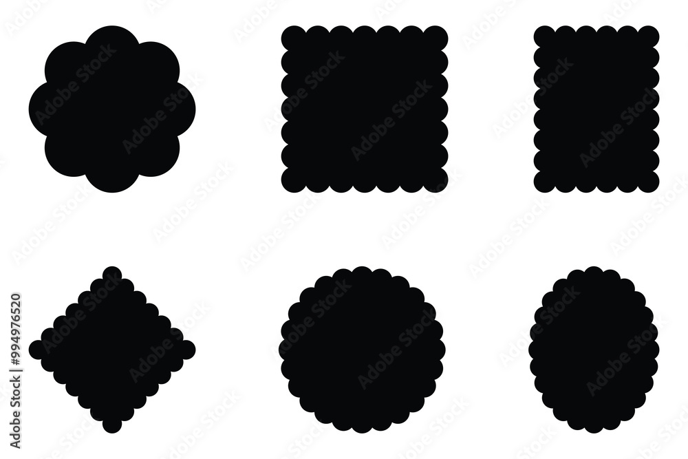 Circle, square, rectangle, rhombus, oval, ellipse with scalloped edge vector icon set. Scallop frame black silhouette. Simple label and sticker form.