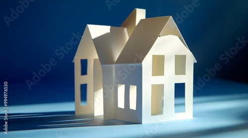 White Paper Model House with Cutout Windows on Blue Background