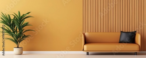 Minimalist living room with a vegan leather sofa, sleek and modern in design, set against a neutraltoned backdrop with wooden accents, 3D illustration