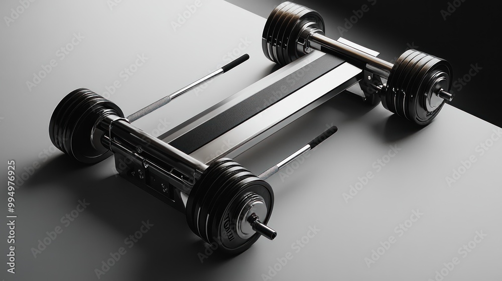 A modern weightlifting bar with adjustable weights for fitness training. A modern weightlifting bar with adjustable weights for fitness training.