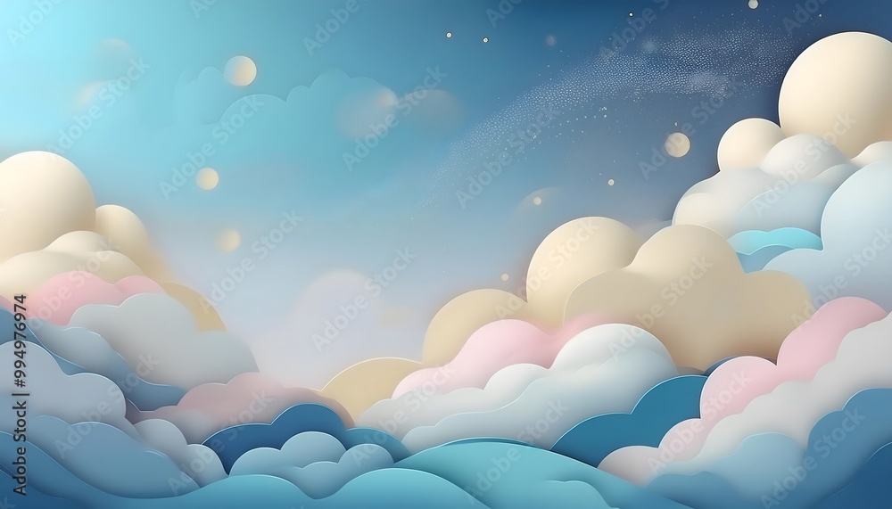 The sky background is filled with pastel fluffy clouds in a paper layer format. The sky background is filled with pastel fluffy clouds in a paper layer format.