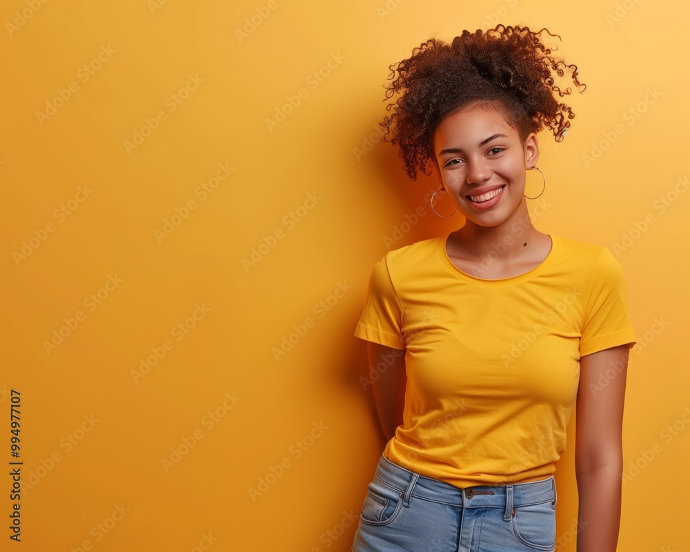 Portrait of Happy Young Woman in Yellow T-Shirt Against Matching Yellow Background, Smiling Portrait of Happy Young Woman in Yellow T-Shirt Against Matching Yellow Background, Smiling